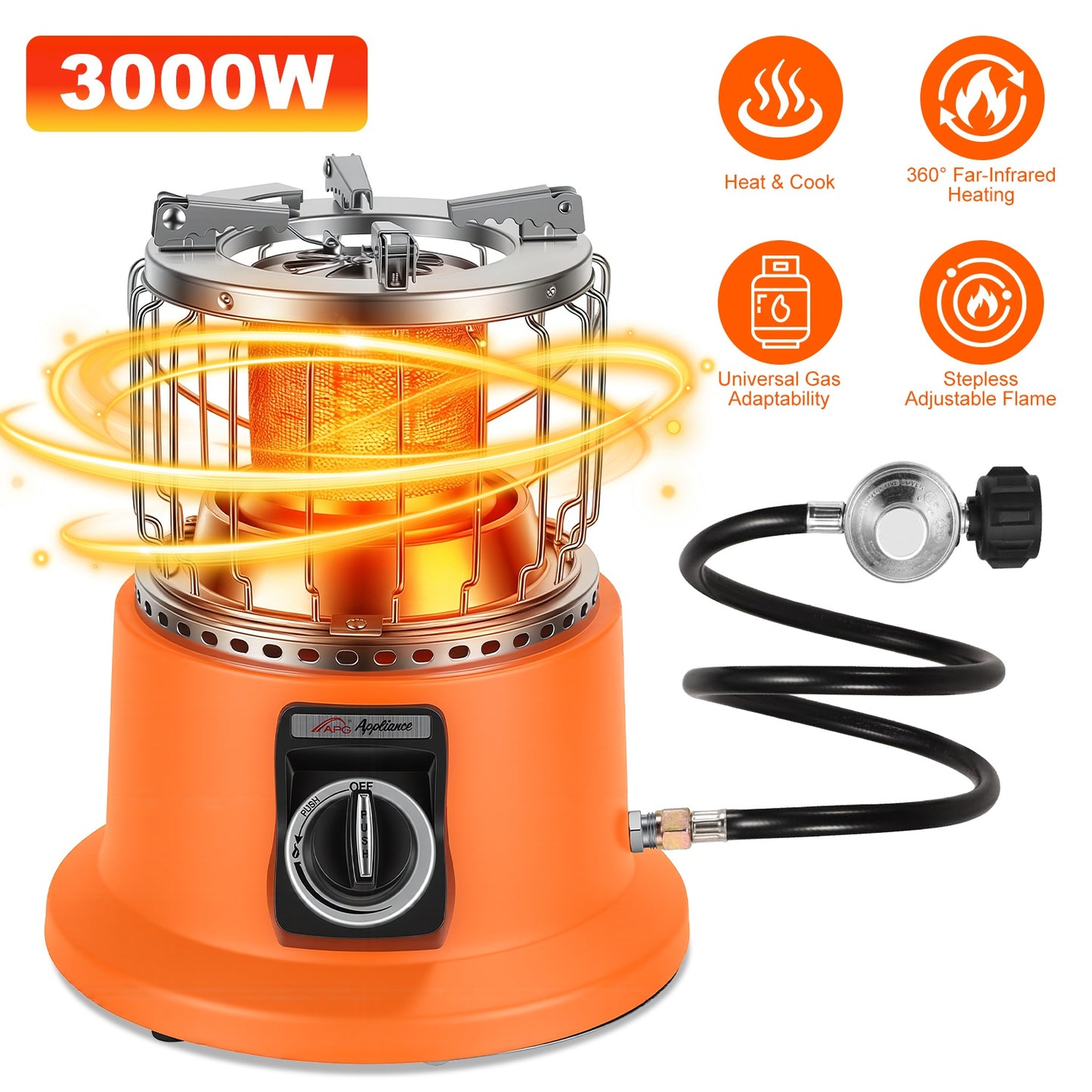 Orange portable stove with gas hose and features on a white background