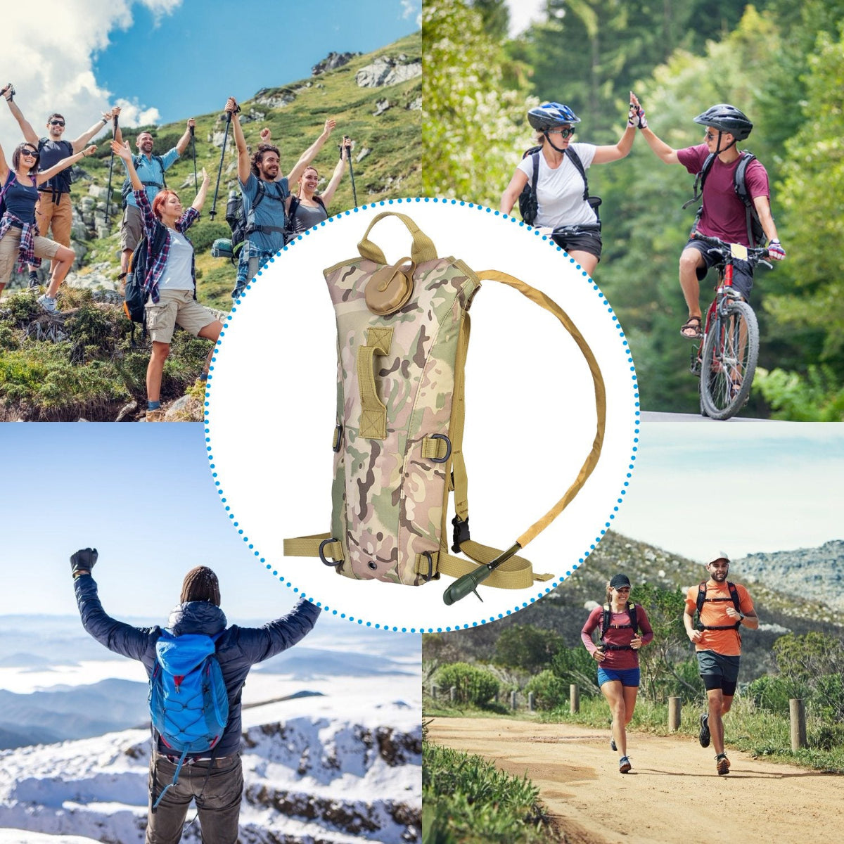 Camouflage hydration pack with outdoor activities in the background