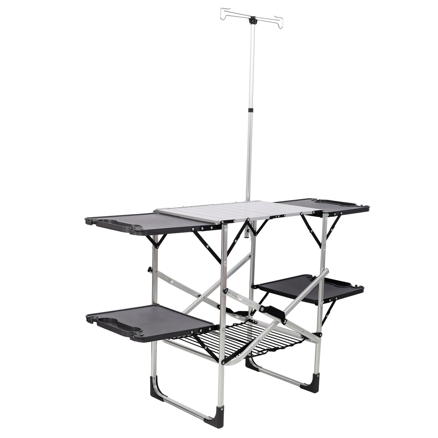 Silver Folding Camping Kitchen Table with Lamp Post & 4 Side Tables