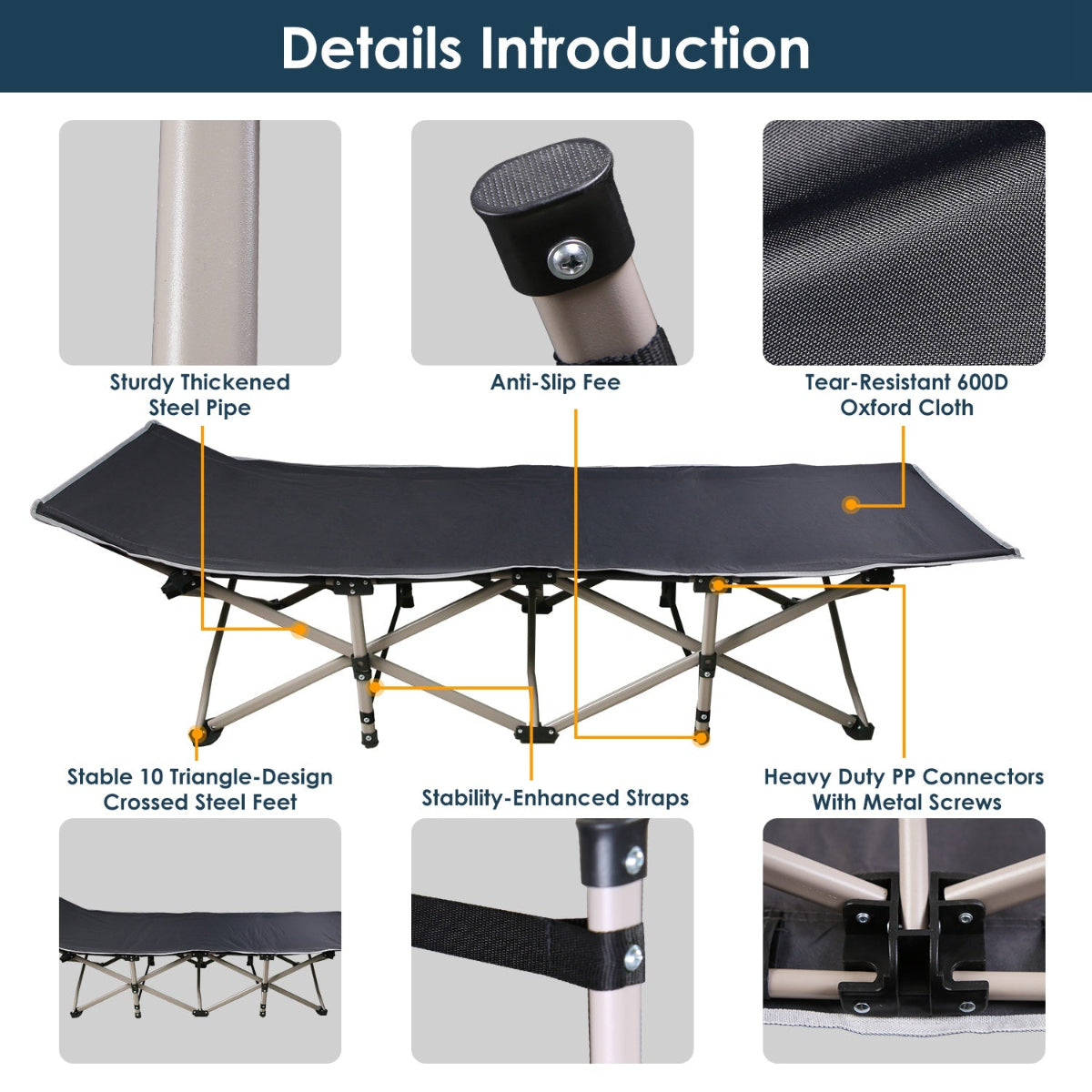 Camping cot with feature highlights on a white background