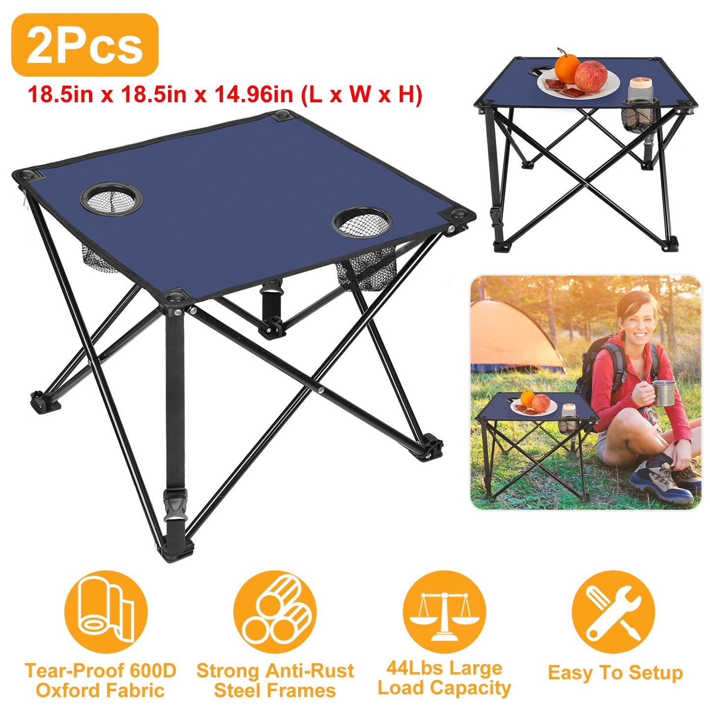 Lake Forest Navy Blue Portable Folding Camping Table with 2 Cup Holders