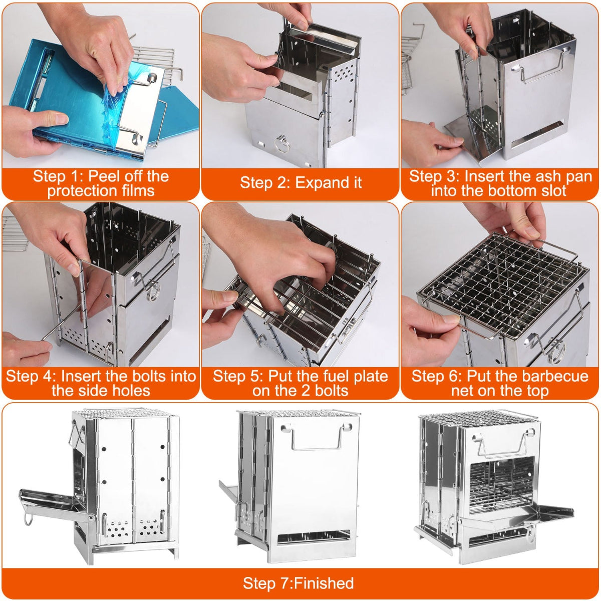 Step-by-step assembly instructions for a portable barbecue grill.