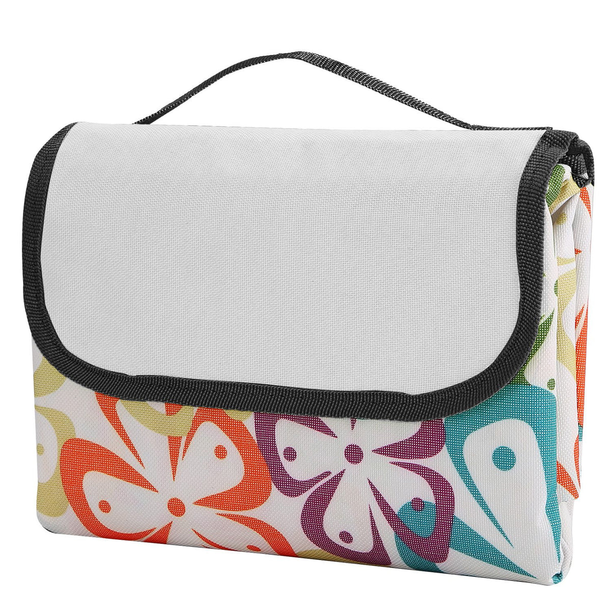Floral-patterned picnic blanket with a white background