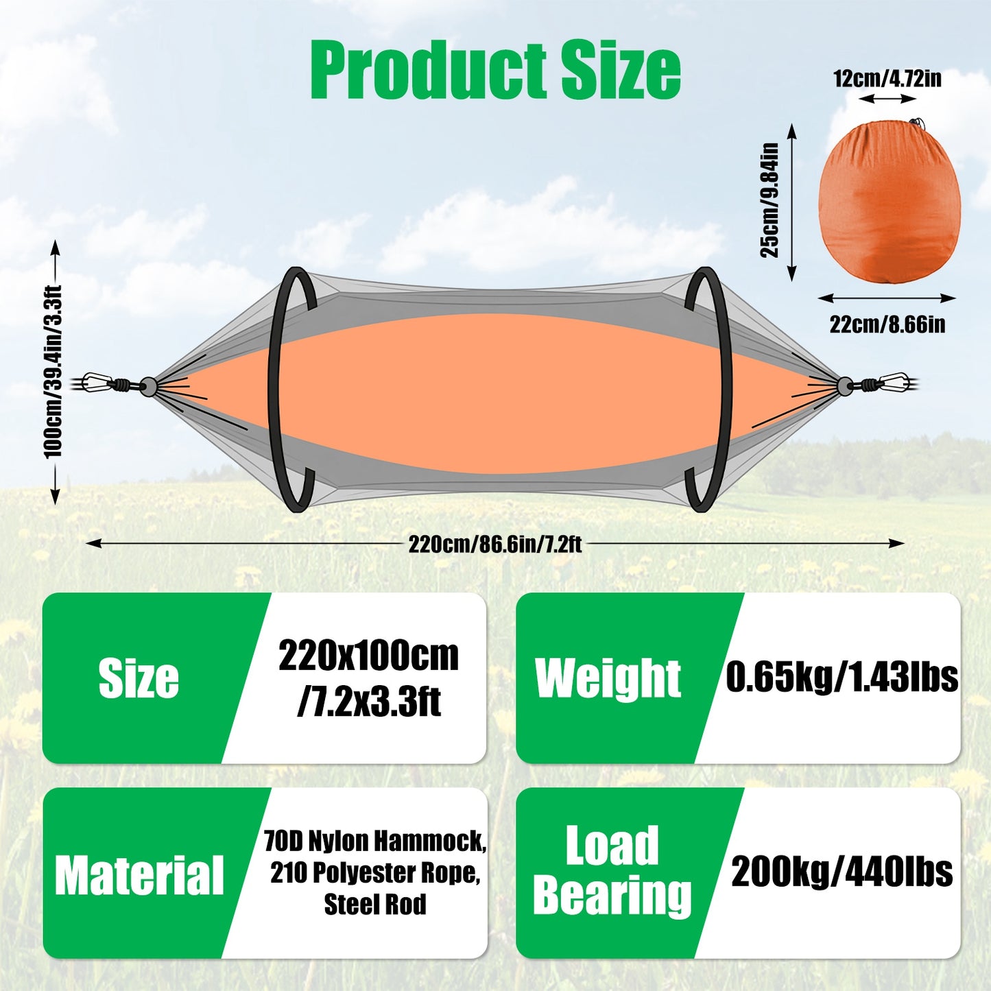 Lake Forest 3-in-1 Camping Hammock with Mosquito Net – Orange/Grey