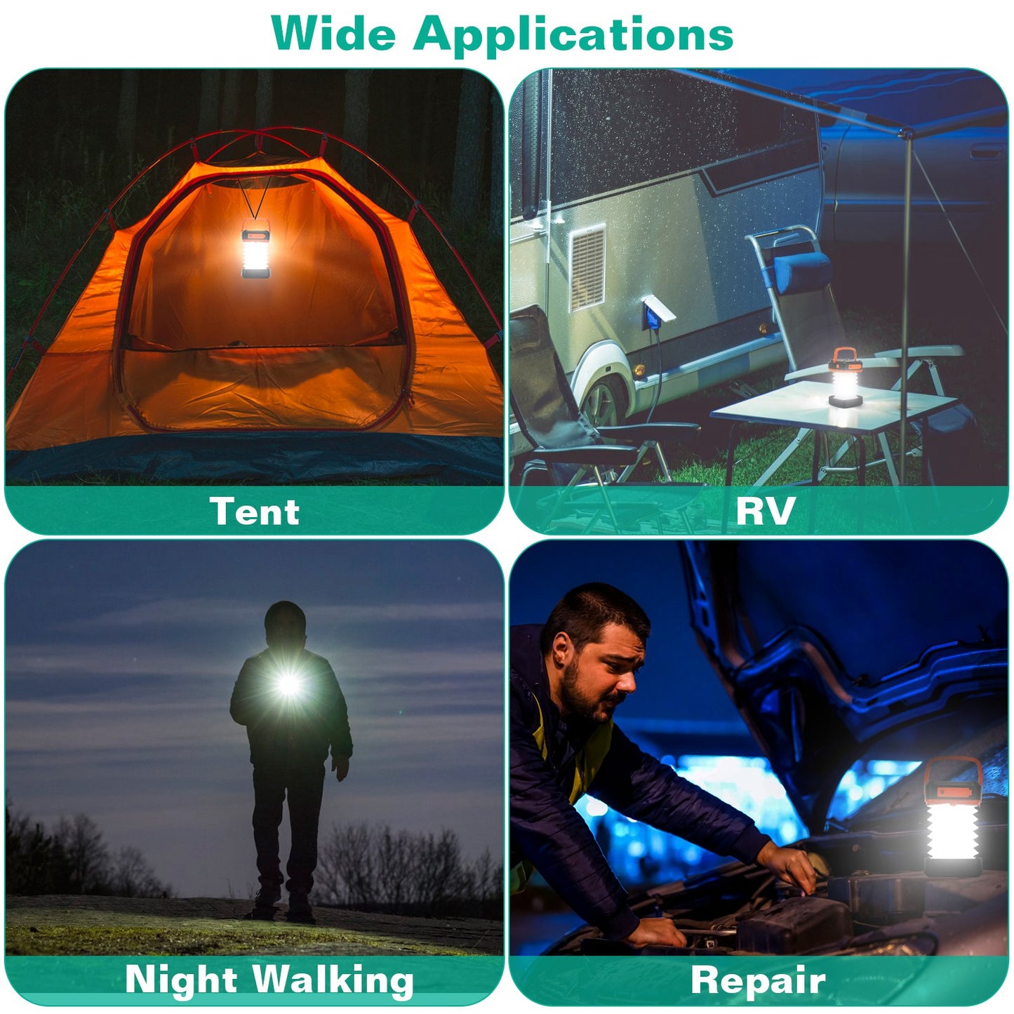 Collage of a camping light being used in various settings including a tent, RV, night walking, and repair.