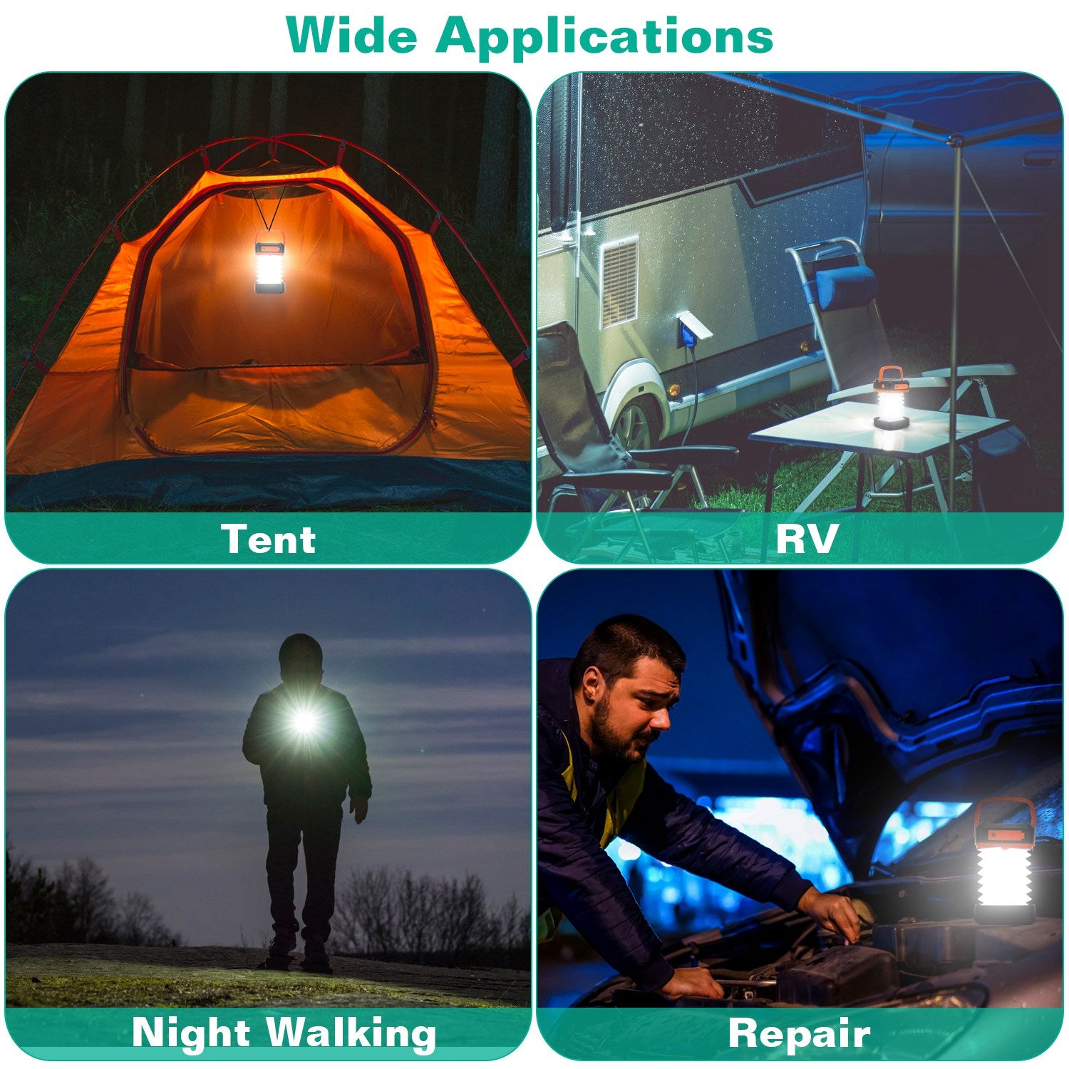 Collage of a camping light being used in various settings including a tent, RV, night walking, and repair.