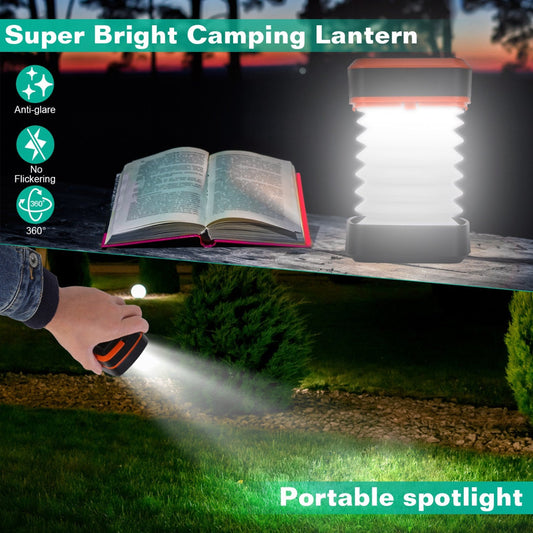 Super bright camping lantern illuminating an open book with a hand holding it, set against a night scene.