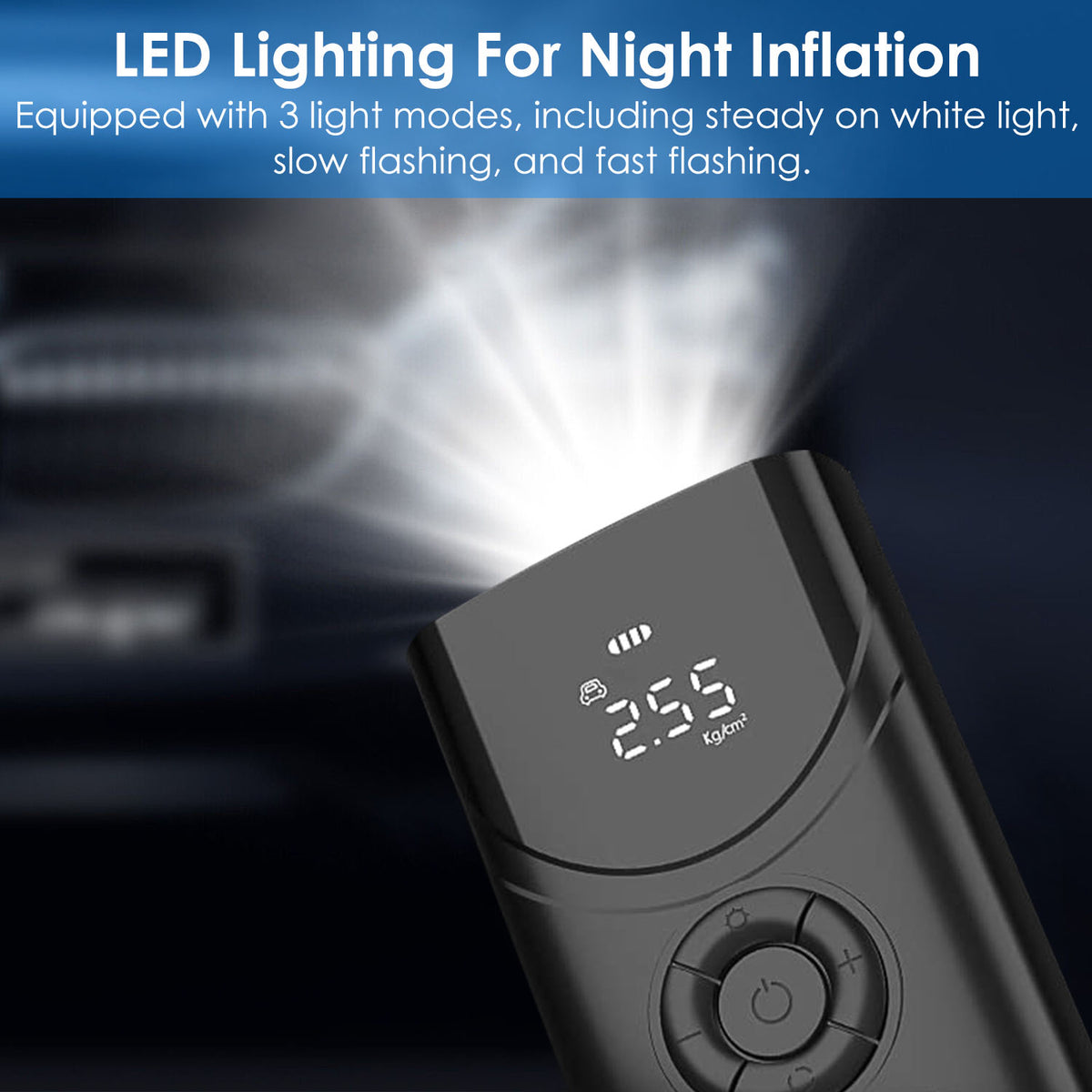 Inflator with LED lighting for night inflation, showing digital display and light output.
