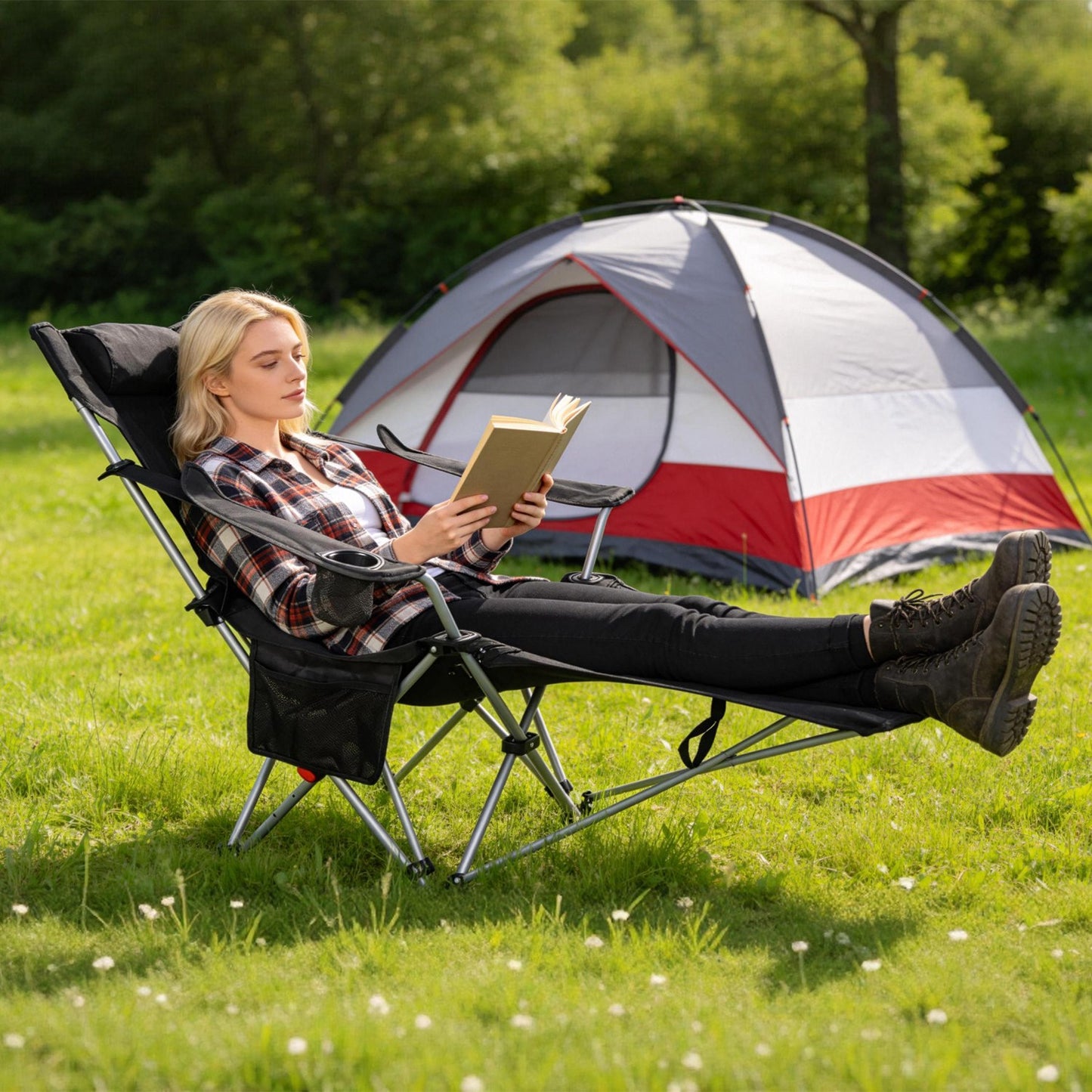 Lake Forest Black Reclining Camping Chair with Detachable Footrest