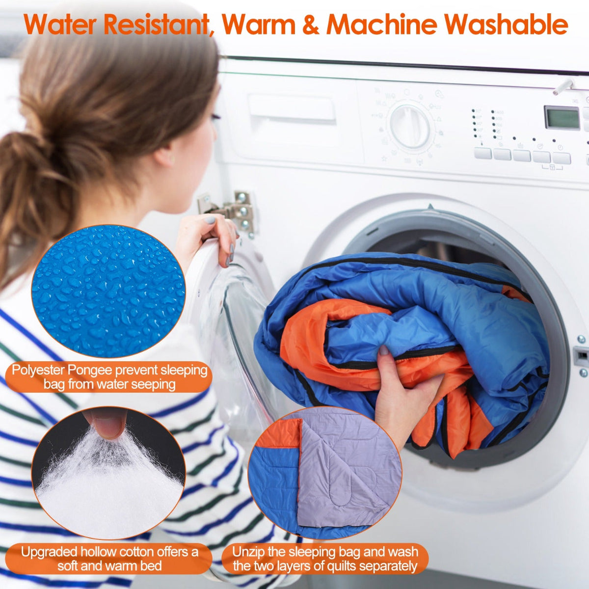 Person loading a sleeping bag into a washing machine with text highlighting features like water resistance, warmth, and machine washability.