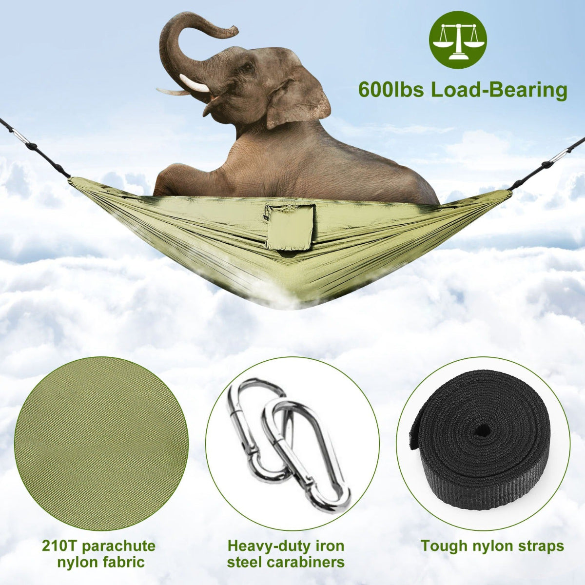 Hammock with elephant, load-bearing capacity text, and product details on a cloud background