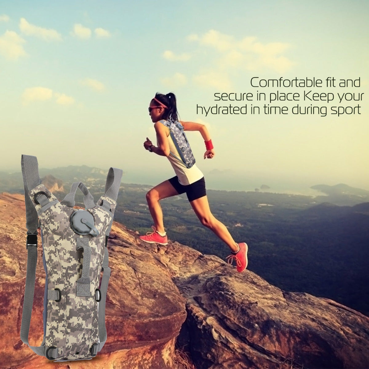 Person running on a mountain with a hydration pack, text about comfort and hydration during sports.