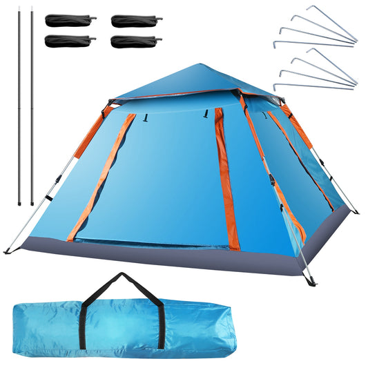 Blue and orange camping tent shown assembled on a white background, with included accessories arranged around it: two poles, four black stuff sacks, and five metal tent stakes. A blue carry bag is also shown at the bottom.