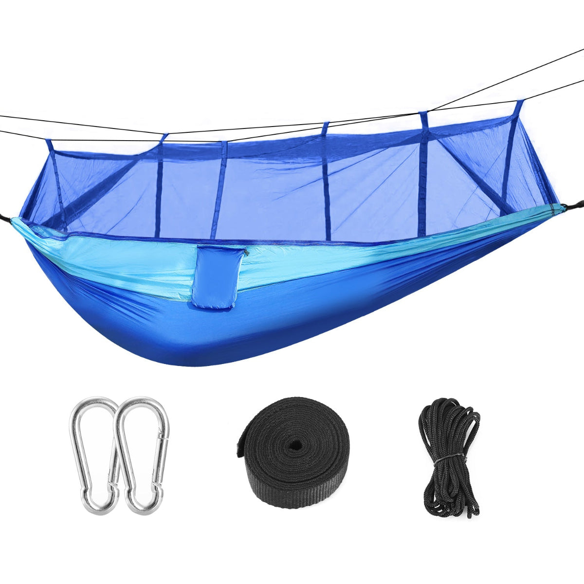 Blue hammock with accessories on a white background