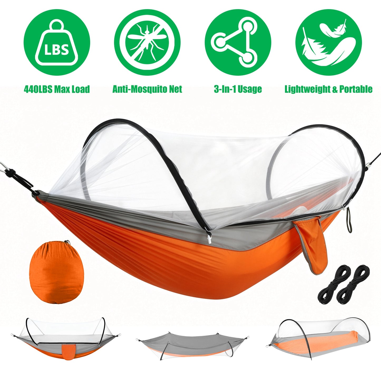 Lake Forest 3-in-1 Camping Hammock with Mosquito Net – Orange/Grey