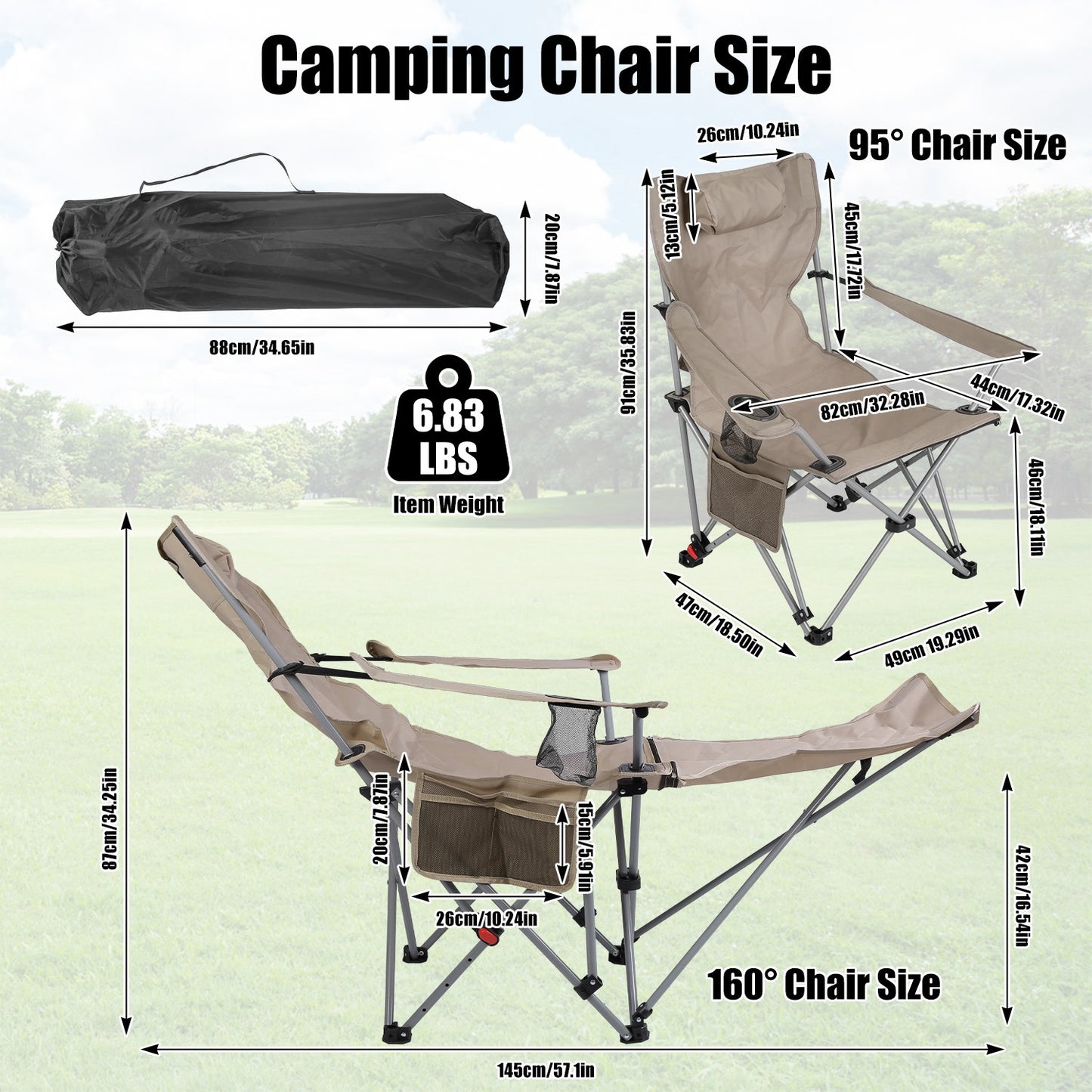 Lake Forest Khaki Reclining Camping Chair with Detachable Footrest