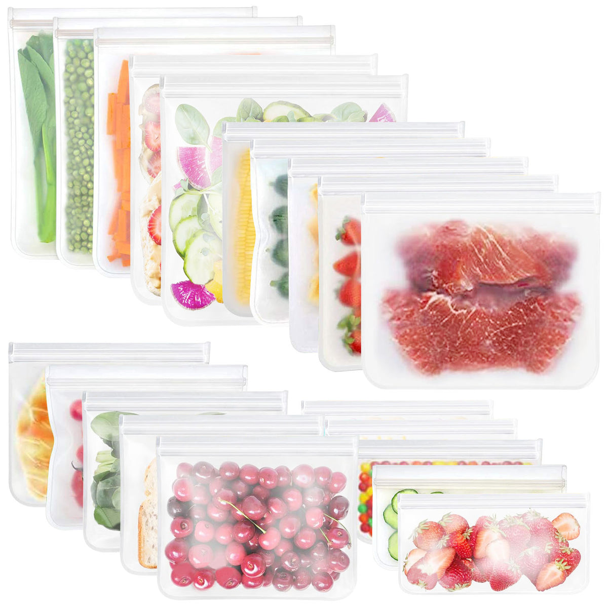 Set of clear plastic bags with various food items inside on a white background