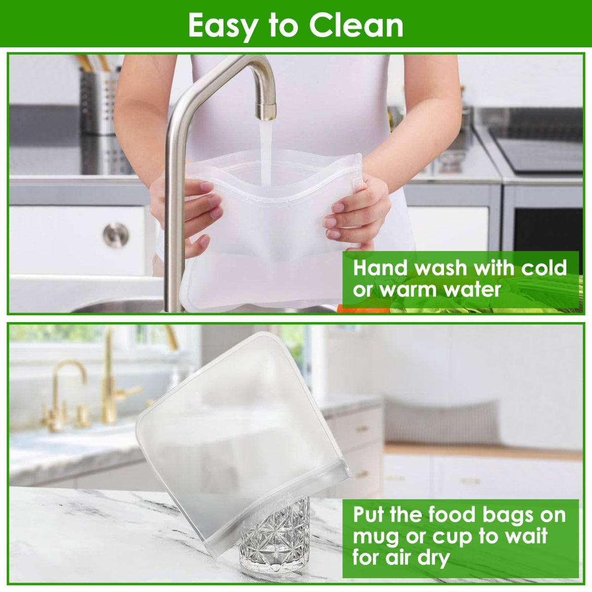 Instructions for cleaning a product with text overlay on a kitchen background