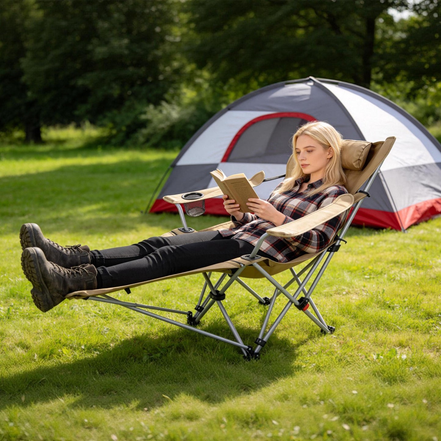Lake Forest Khaki Reclining Camping Chair with Detachable Footrest