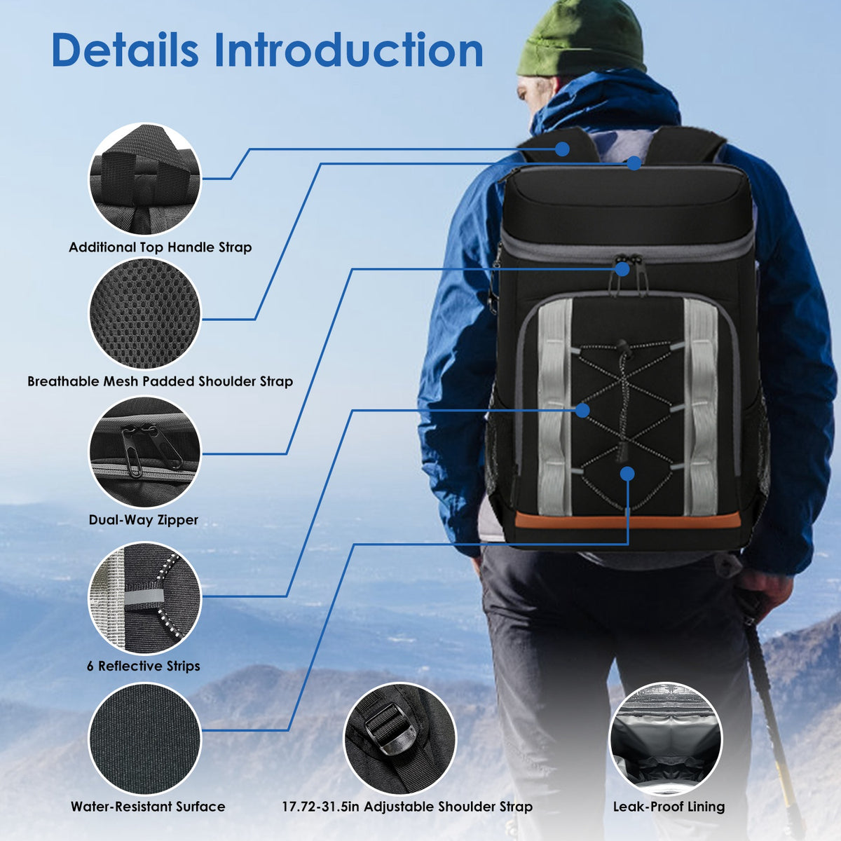 Person wearing a black backpack with feature highlights on a mountainous background