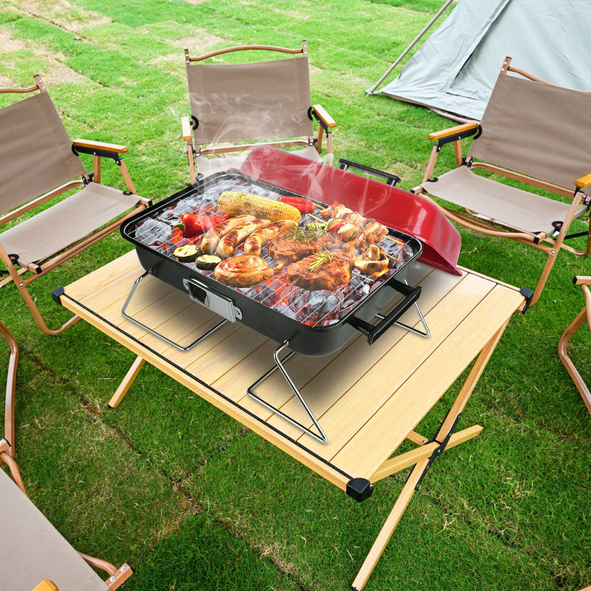 Portable Folding Charcoal Grill with Lid