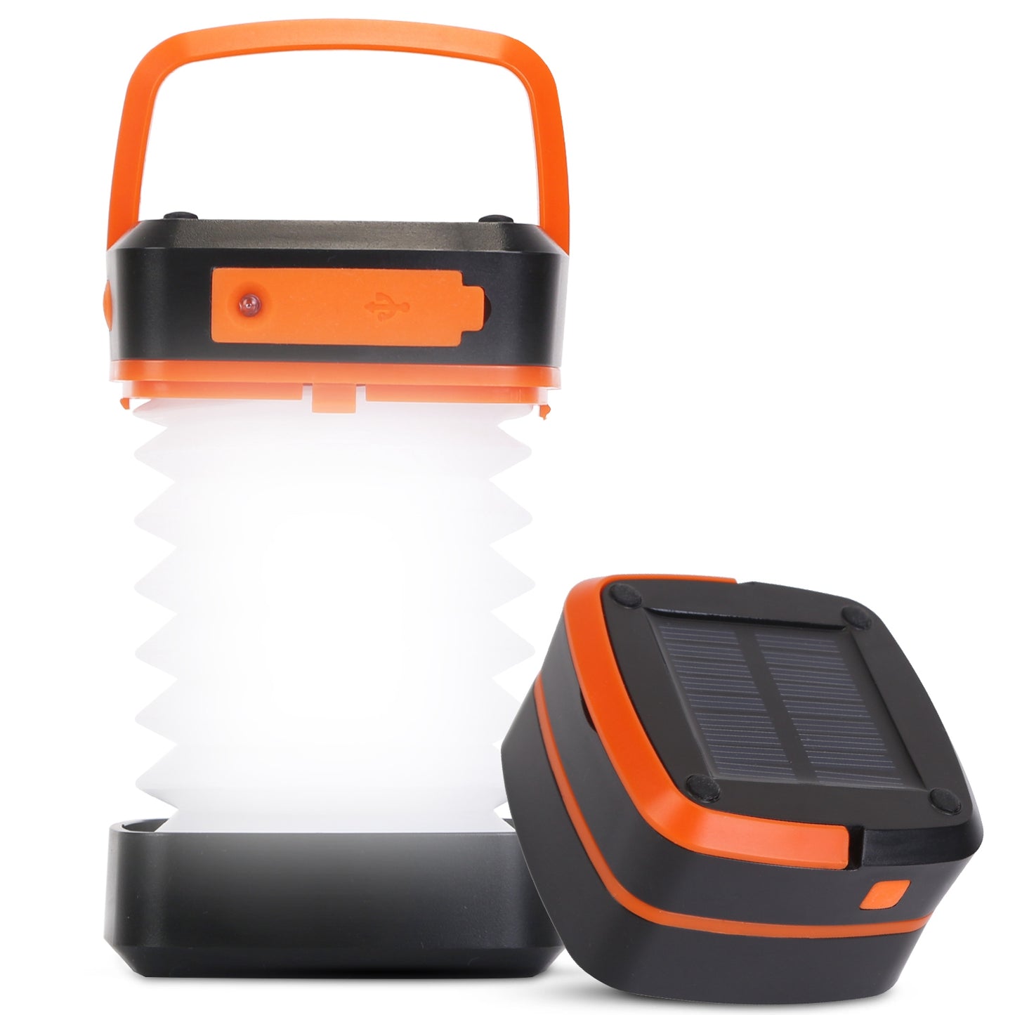 Solar lantern with orange and black design on a white background