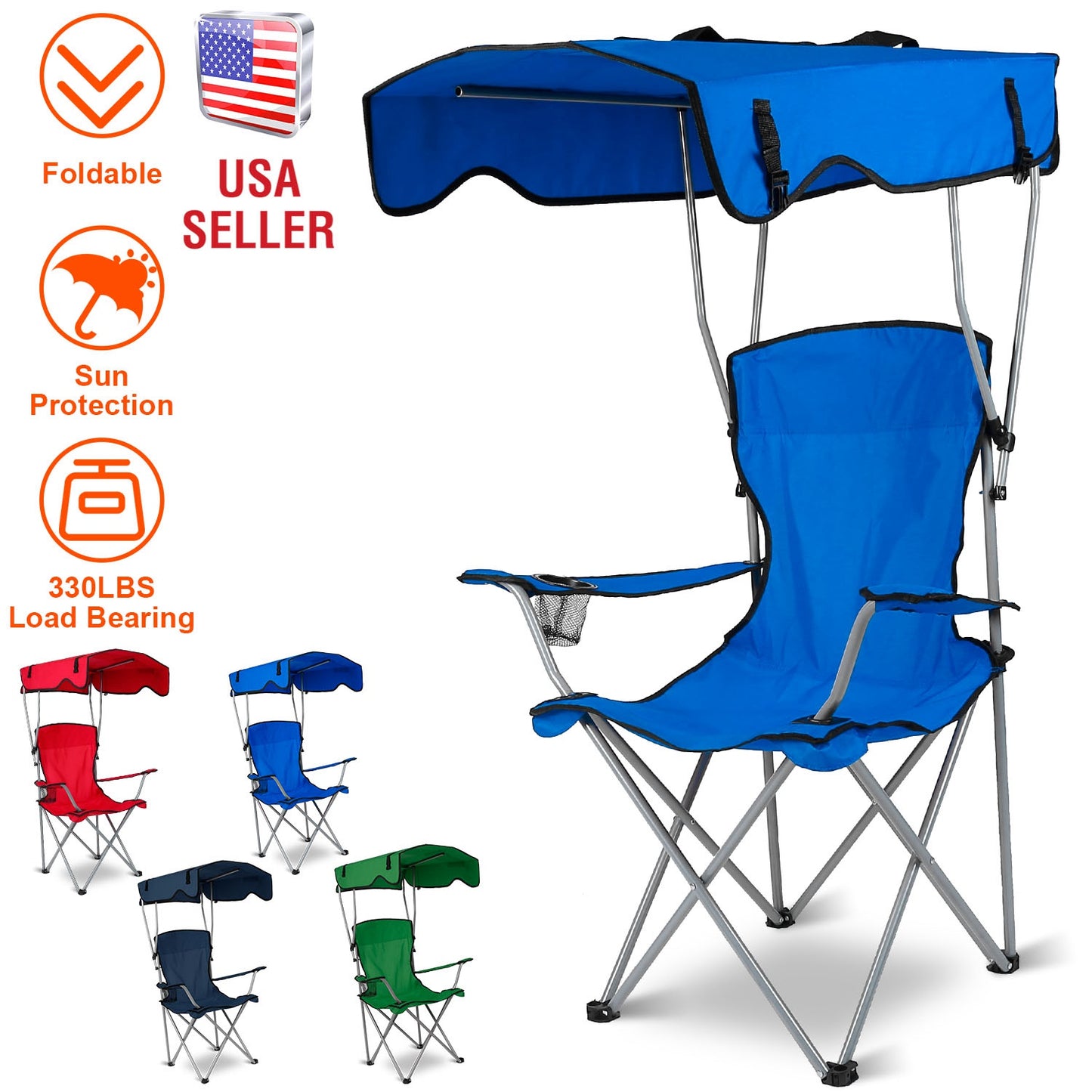 Lake Forest Blue Foldable Canopy Camping Chair with Cup Holder