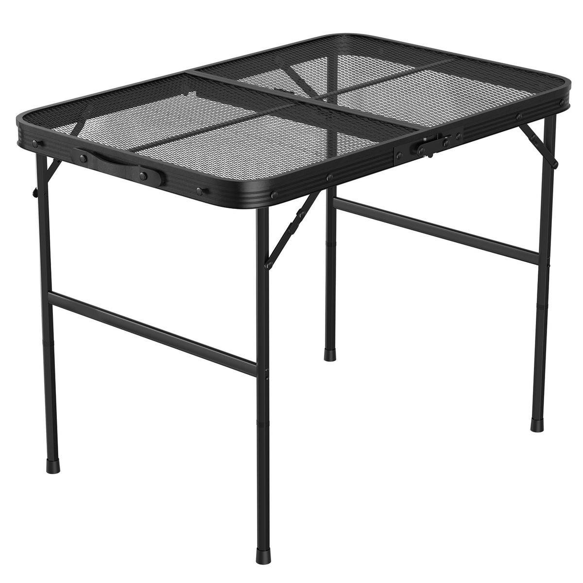 Black folding table with mesh top on a white background