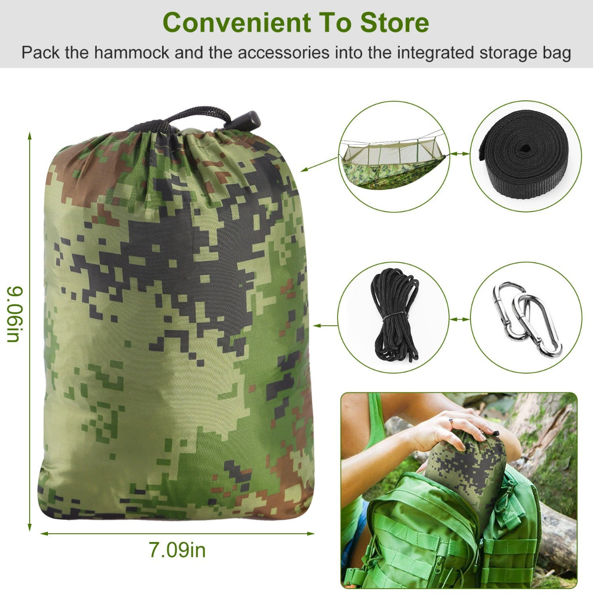 Camouflage hammock with storage bag and accessories on a white background