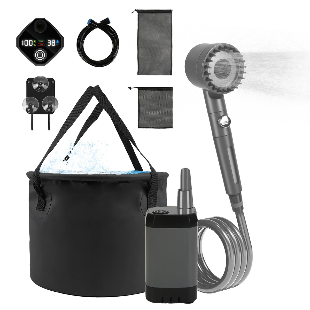 Portable outdoor water fountain kit with a gray handheld shower head, coiled hose, electric pump, black carrying bucket, two gray mesh bags, and a digital temperature controller on a white background.