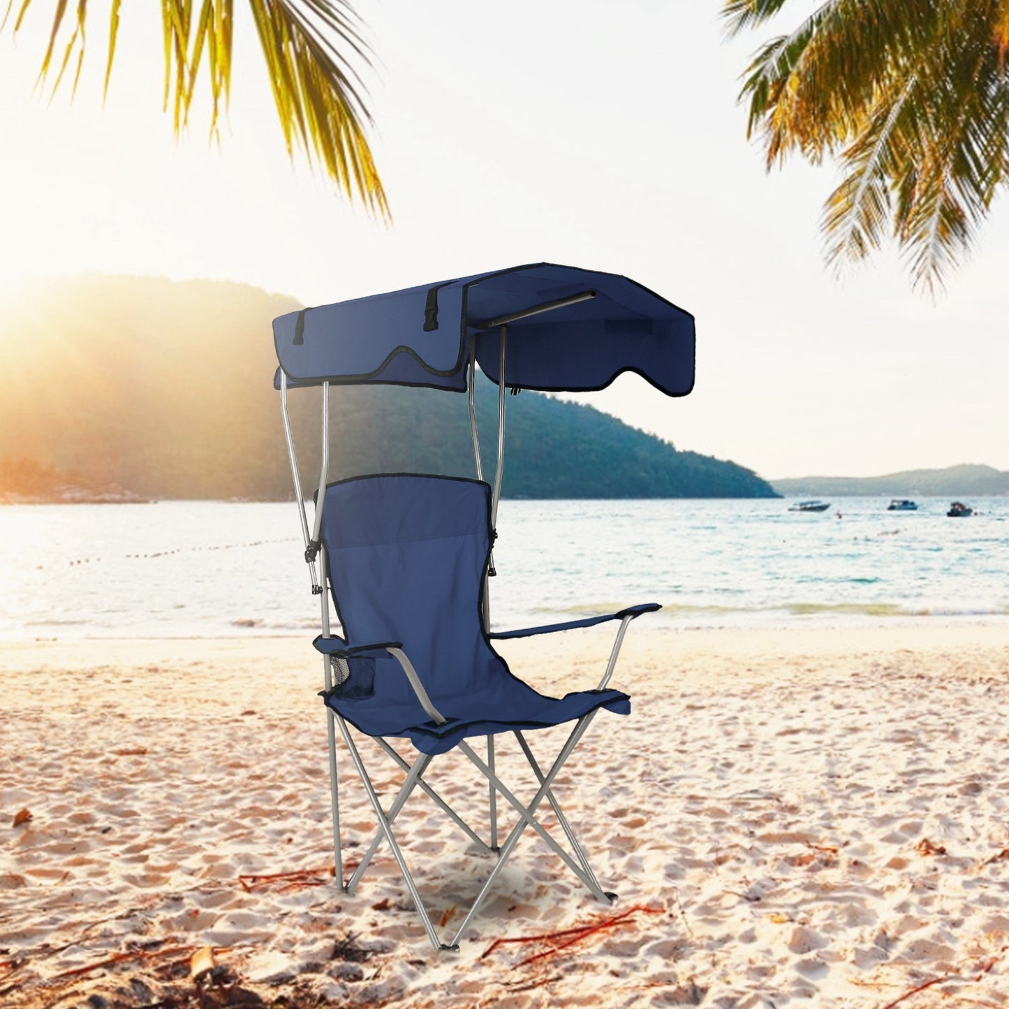 Navy Blue Foldable Canopy Camping Chair with Cup Holder