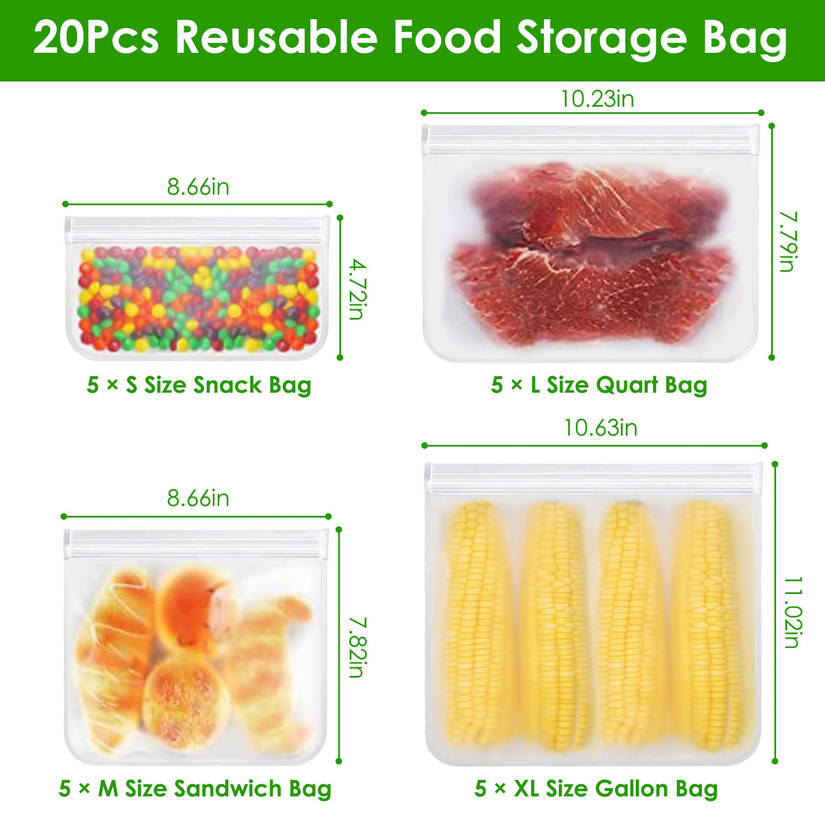 Reusable food storage bags with dimensions and examples of contents on a white background.