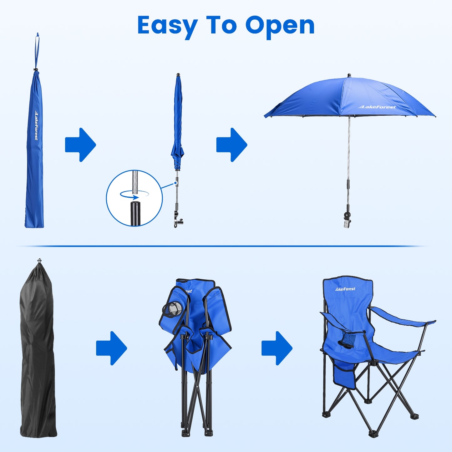 Lake Forest Royal Blue Foldable Camping Chair with Detachable Umbrella