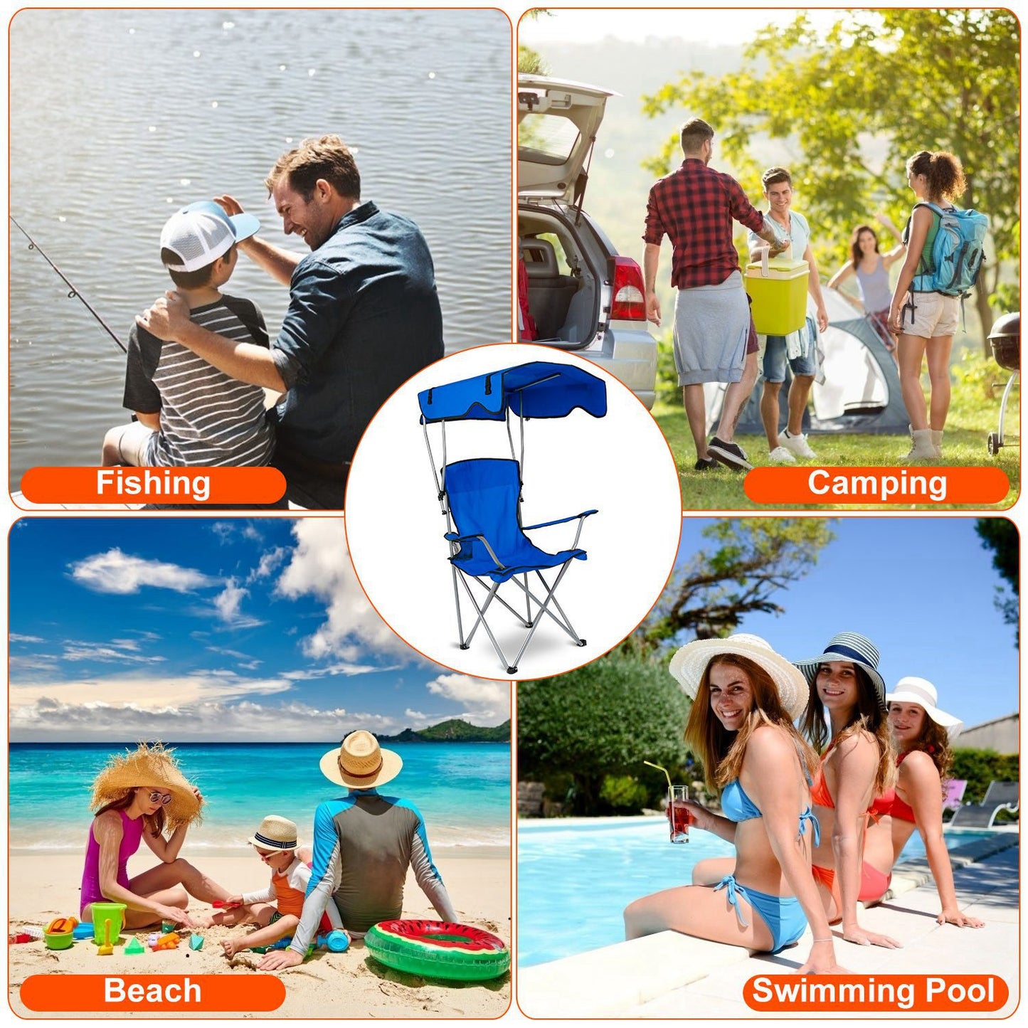 Lake Forest Blue Foldable Canopy Camping Chair with Cup Holder