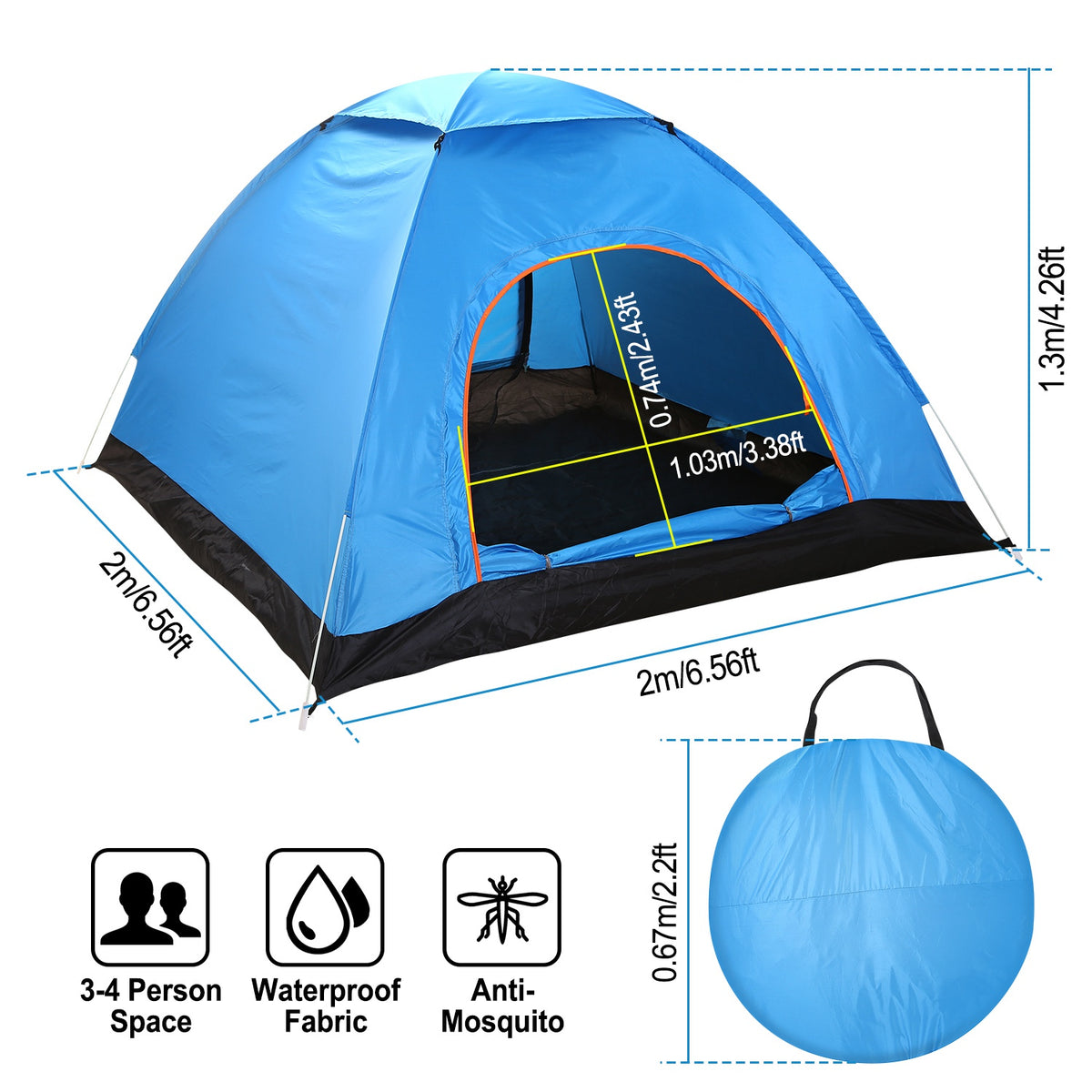 Blue 3–4 Person Instant Pop-Up Camping Tent