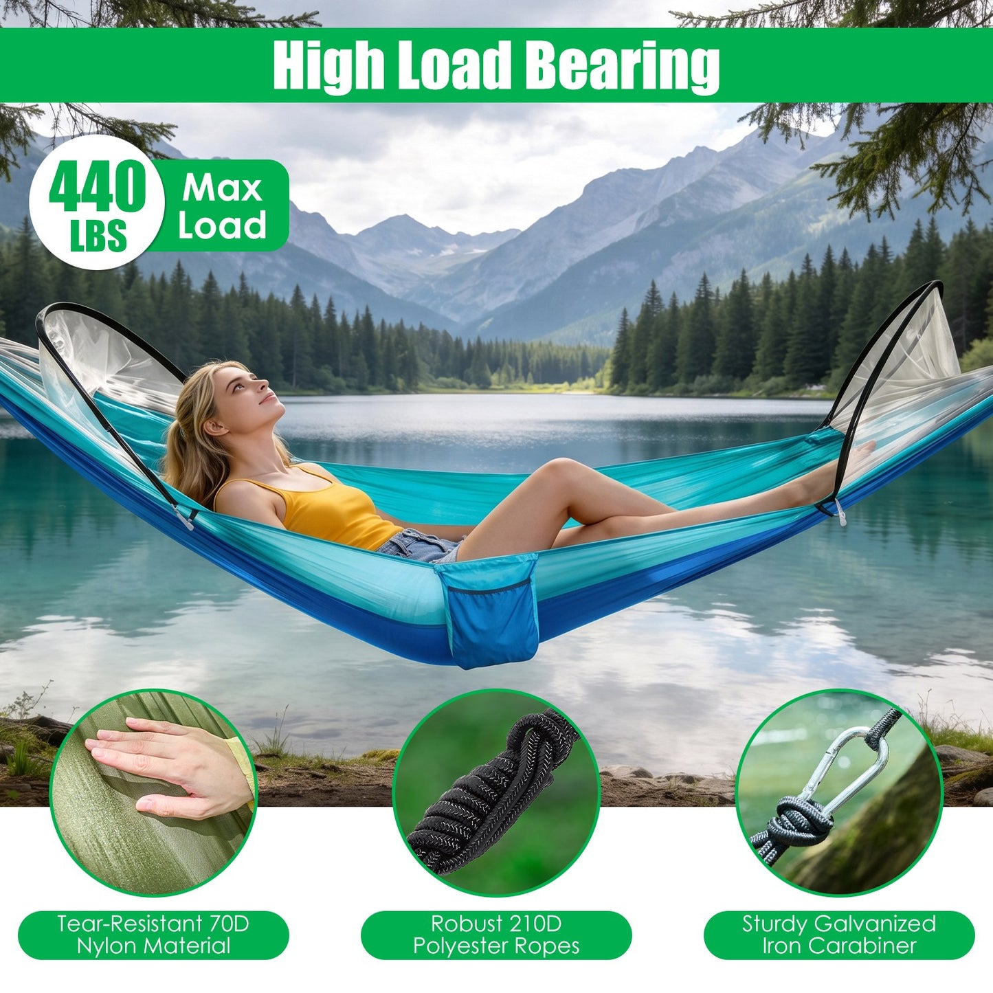 Lake Forest 3-in-1 Camping Hammock with Mosquito Net – RoBlue/SkyBlue