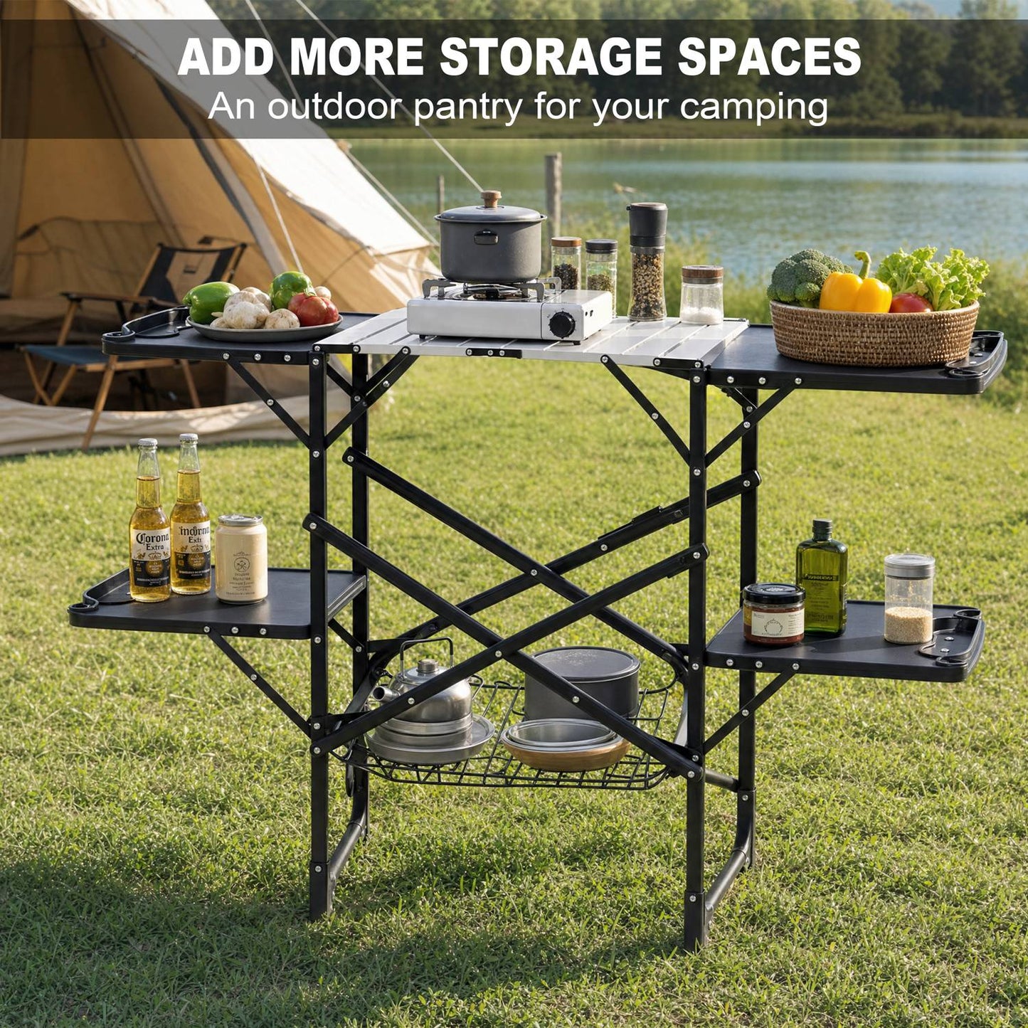 Black Folding Camping Kitchen Table with 4 Side Tables & Storage Rack