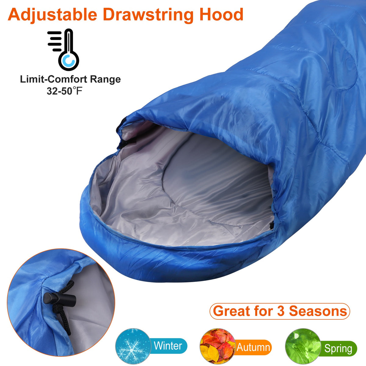 Blue sleeping bag with adjustable drawstring hood and temperature range label, shown open.