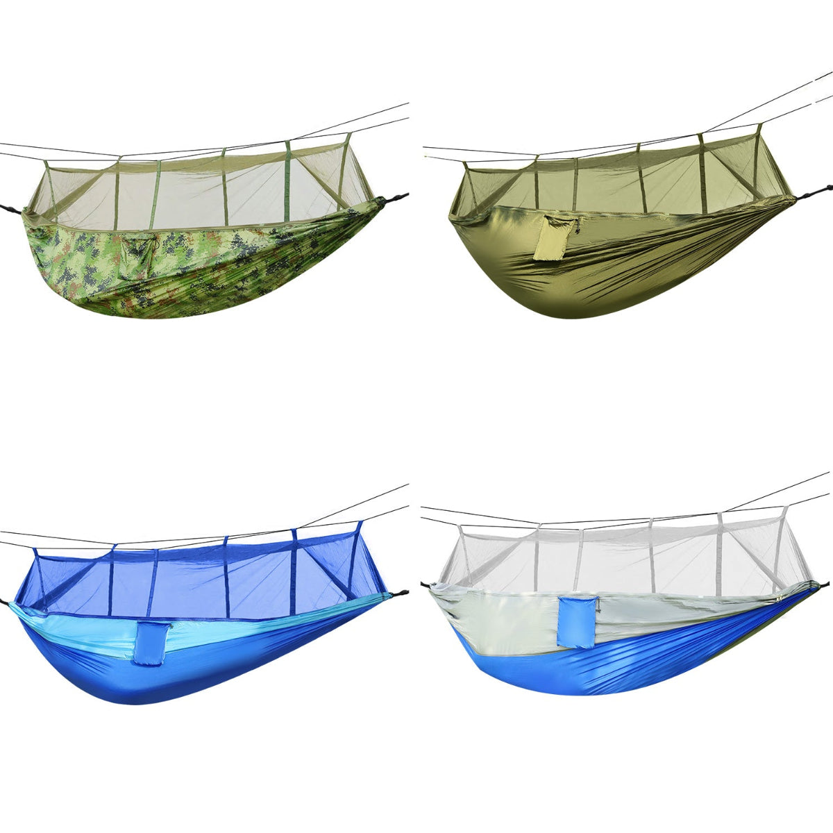 Four camping hammocks with mosquito nets in different colors on a white background.