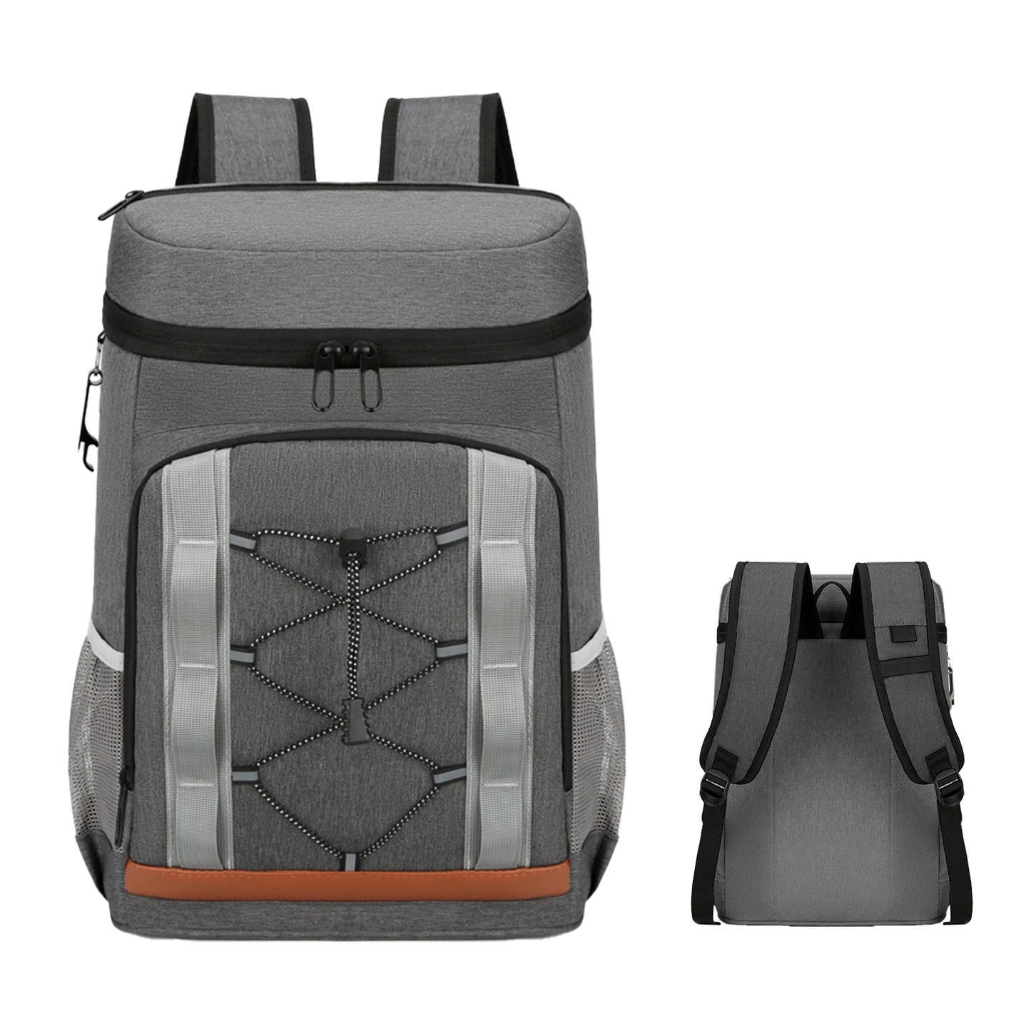 Gray backpack with black straps on a white background