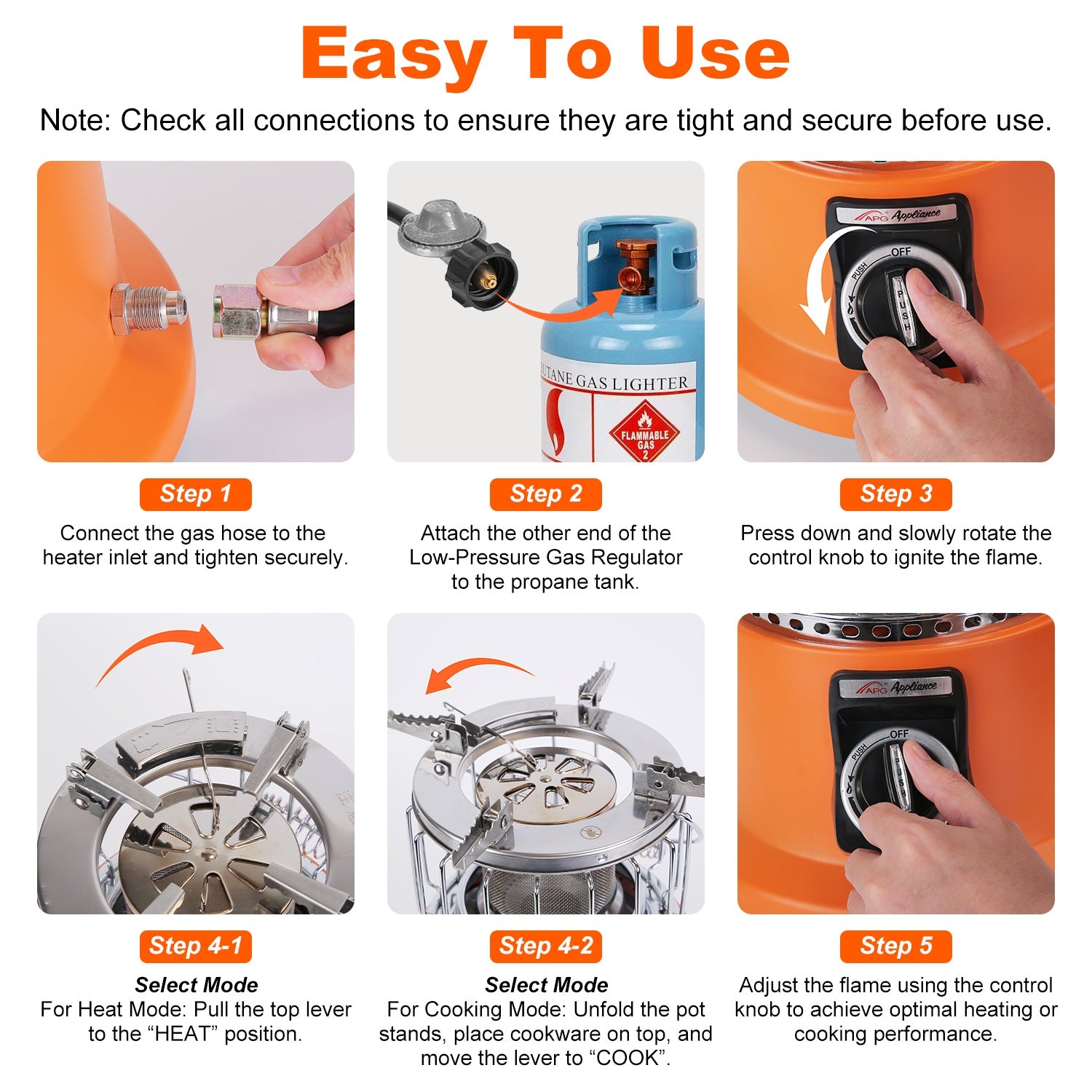 Step-by-step guide on how to use a gas heater with images and text instructions.
