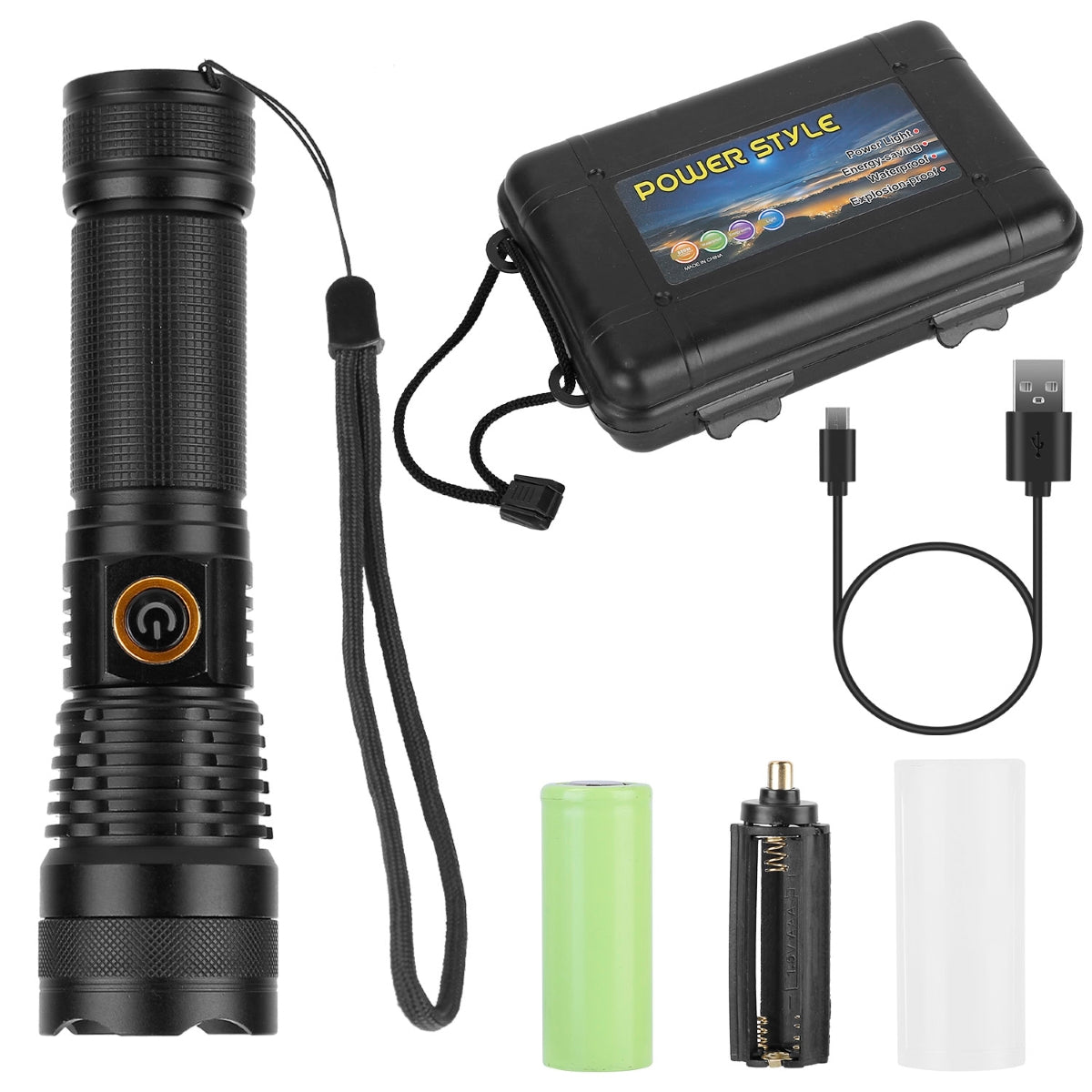 Black handheld flashlight angled on white background with wrist lanyard