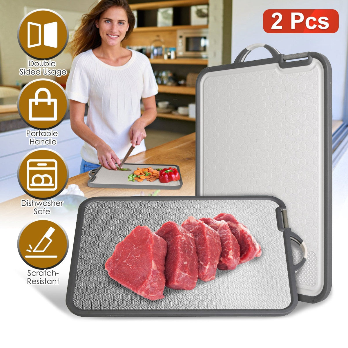 Two cutting boards with a woman in a kitchen, highlighting features like double-sided usage and portable handle.