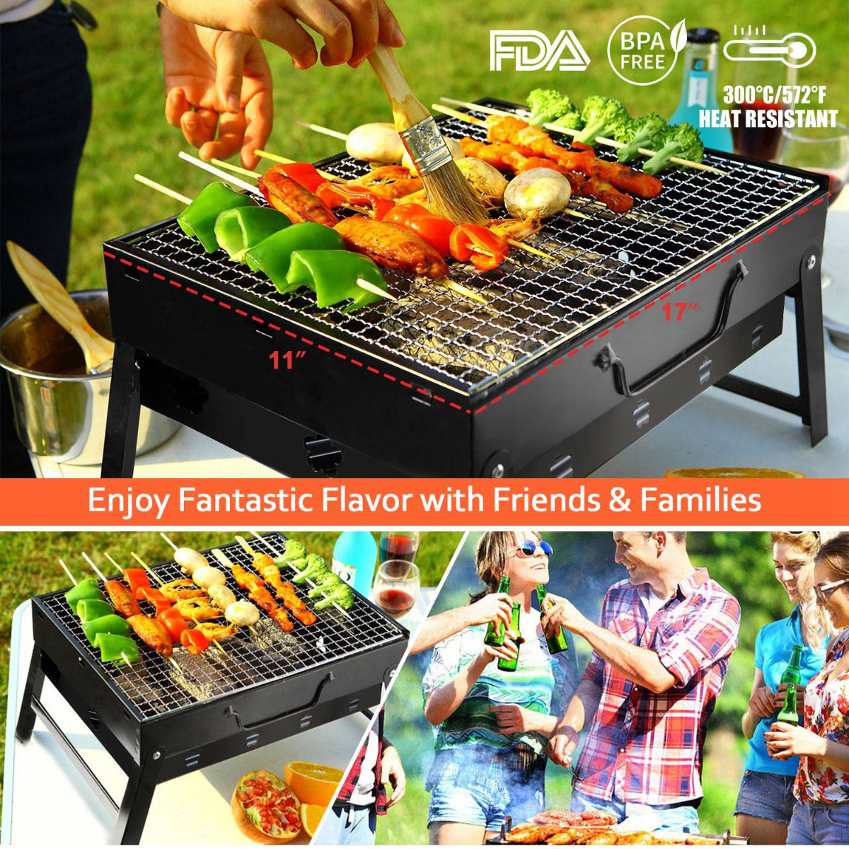 Portable grill with food being cooked, surrounded by people enjoying a barbecue outdoors.