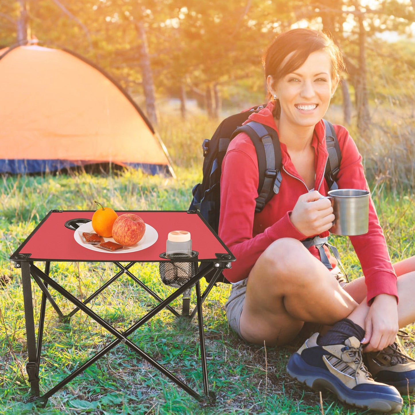Lake Forest Red Portable Folding Camping Table with 2 Cup Holders
