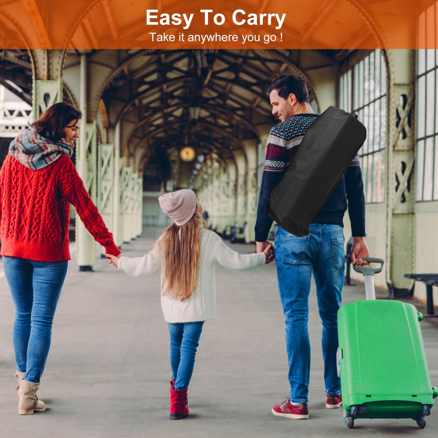 Family with a green suitcase and black bag walking together.