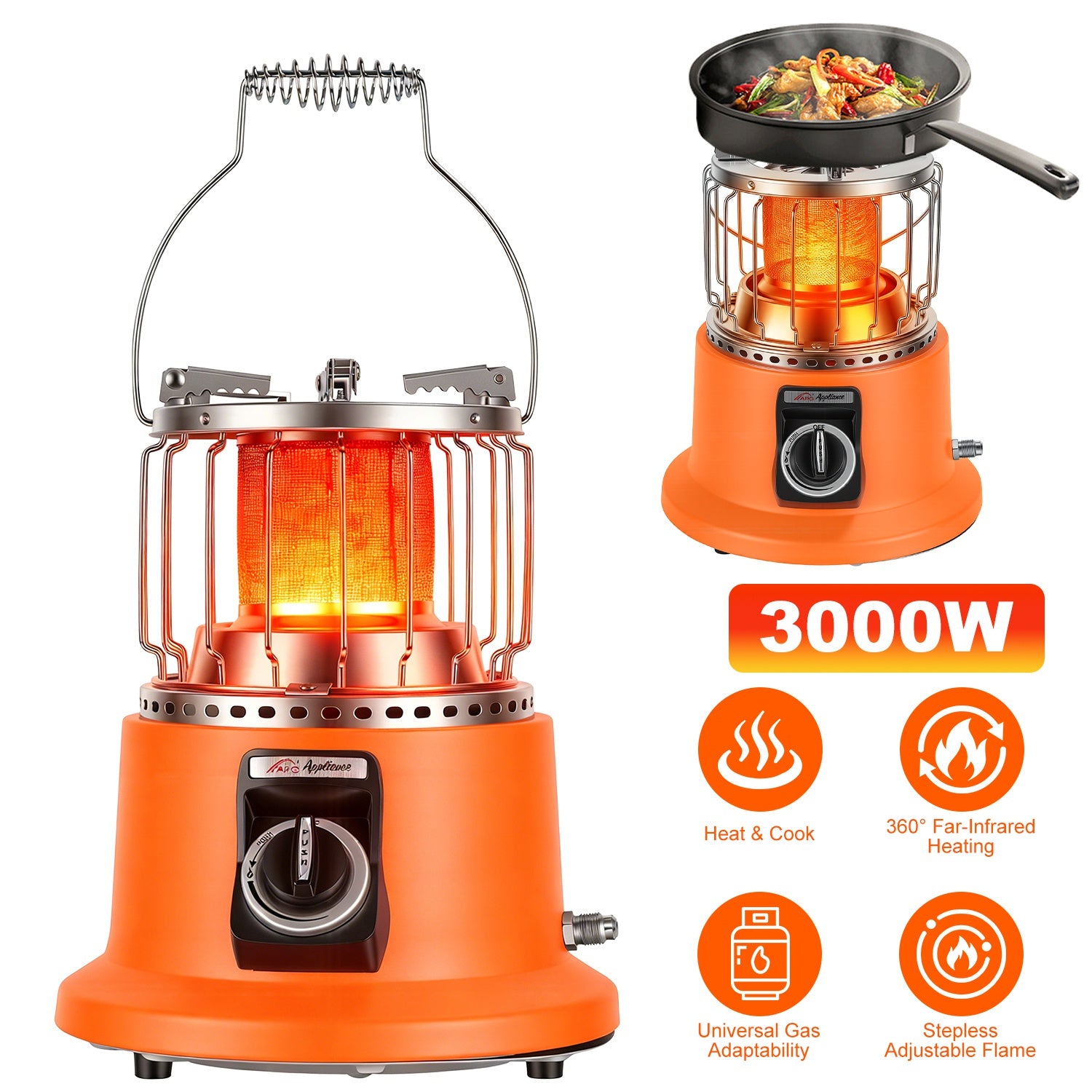 Orange camping heater with cooking pan on a white background