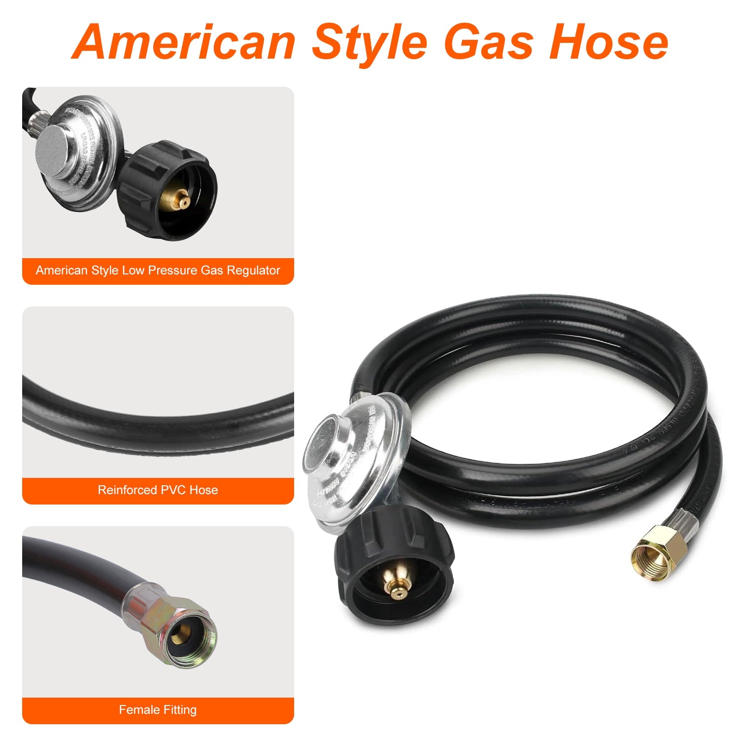 American Style gas hose with connectors and regulator on a white background