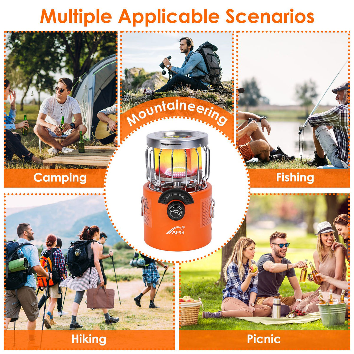 Orange camping lantern with lifestyle images of people engaging in various activities like camping, hiking, and fishing.