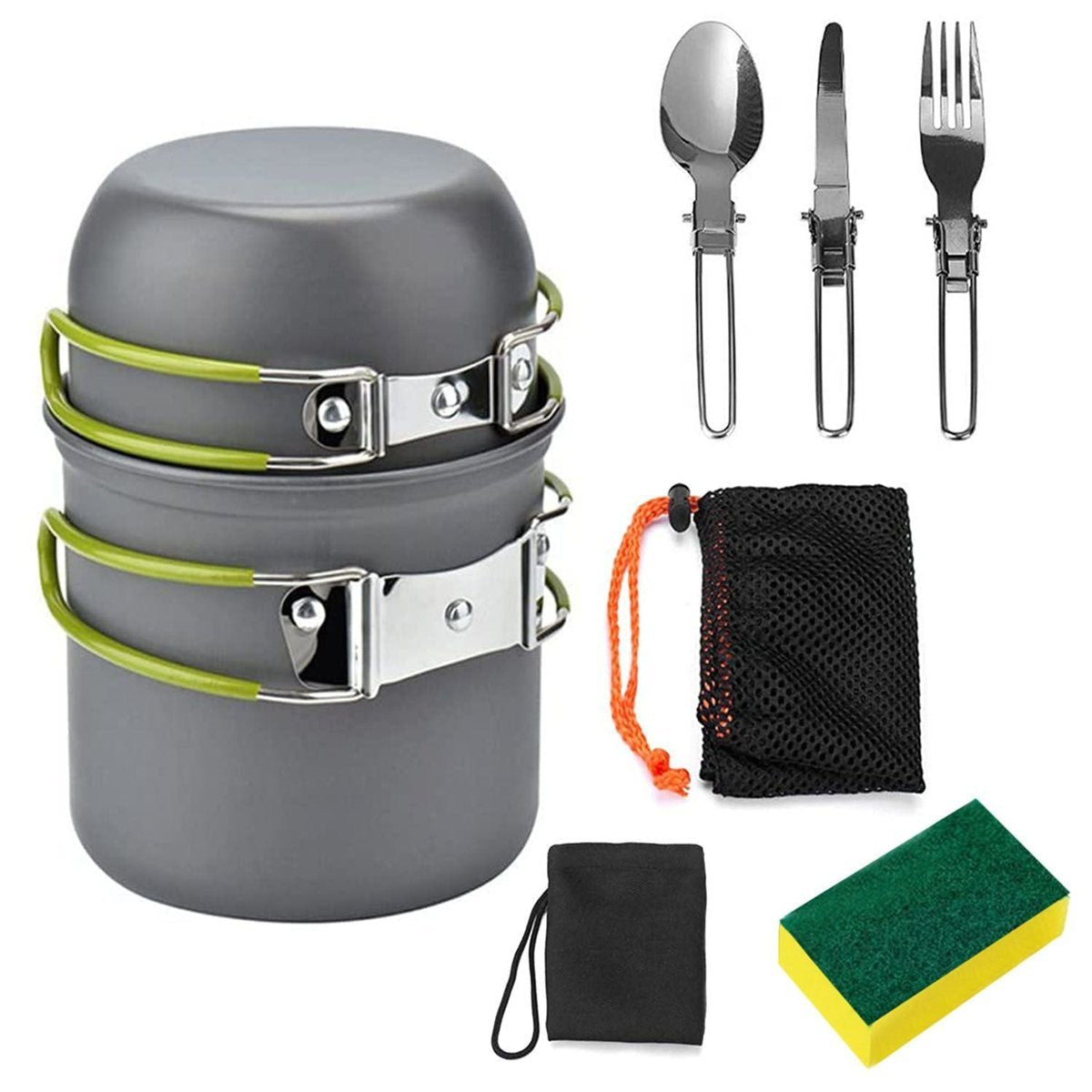 8-Piece Lightweight Camping Cookware Set - Aluminum Pots & Foldable Utensils — gray, pots, lifestyle, multi-item